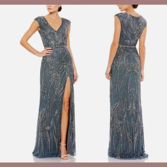 NWT $598 Mac Duggal [ 12 ] Intricate Beaded V-Neck High Slit Gown Charcoal #Q565 - Picture 2 of 16